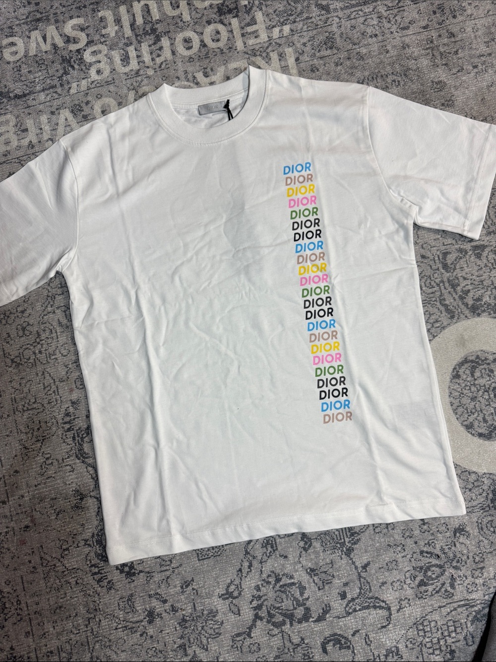 Dior White Tee with Vertical Multicolor Logo